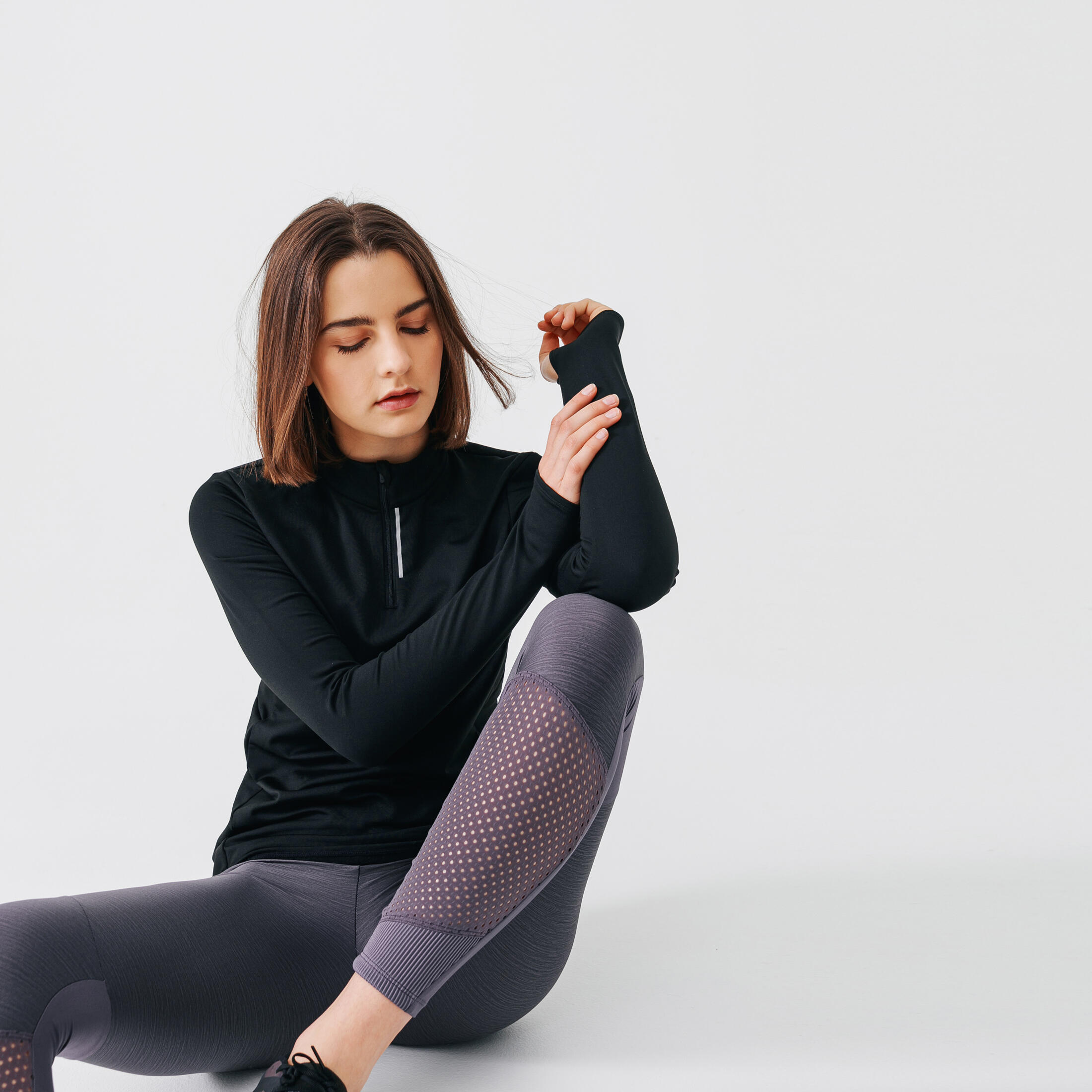 Playera manga larga cálida Running Mujer - Zip warm negro